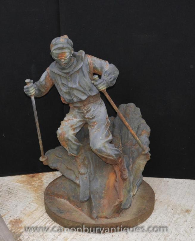 French Cast Iron Lifesize Ski Statue Sculpture Alpine Skier