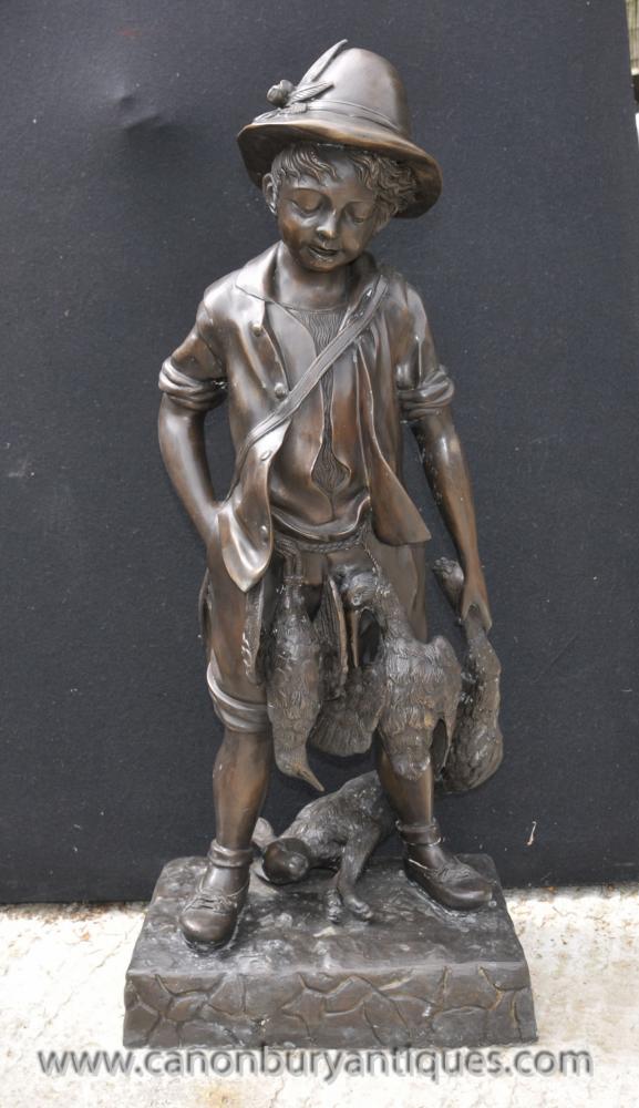 Large French Bronze Phesant Hare Hunter Boy Statue Casting