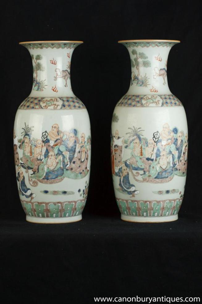Pair Chinese Famille Vert Hand Painted Porcelain Vases