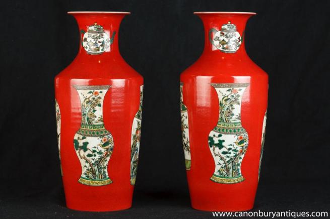 Pair Chinese Qing Porcelain Urns Vases Ceramic China