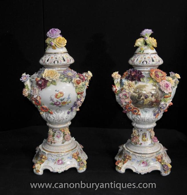 Pair Dresden Porcelain Urns on Stands Encrusted Vases Ceramic