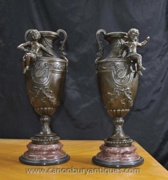 Pair French Bronze Cherub Amphora Urns Signed Signed S.Fondeurs