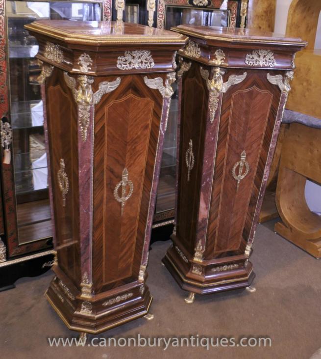Pair French Empire Pedestal Stand Tables Columns