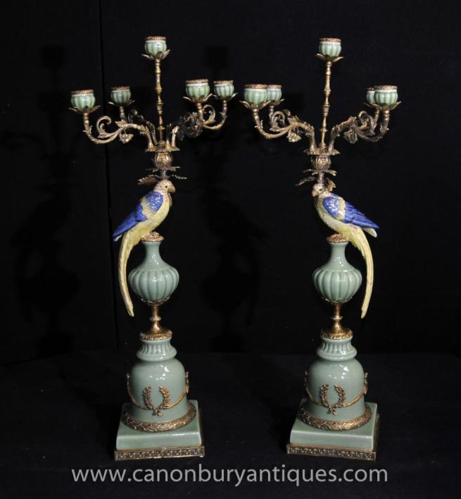 Pair French Porcelain Parrot Candelabras Ormolu Stands