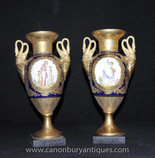 Pair French Sevres Porcelain Amphora Urns Vases Swan Handles