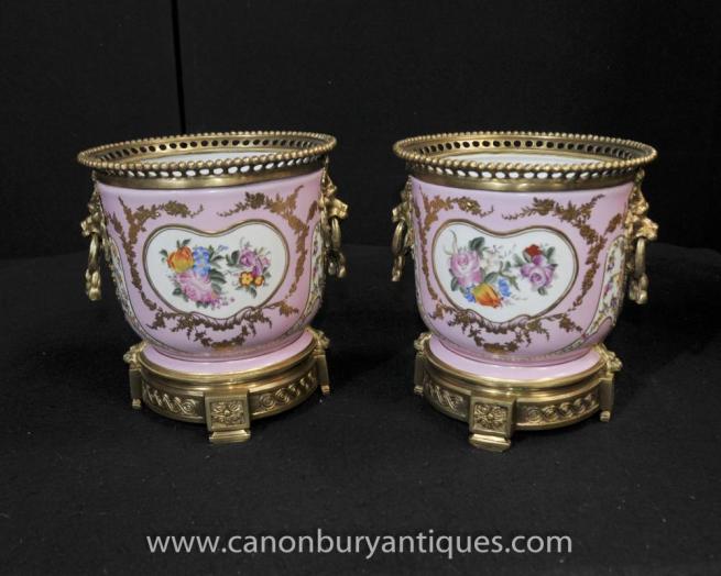 Pair French Sevres Porcelain Cache Pots Floral Planters Bowls