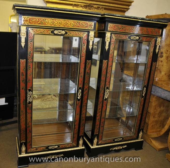 Pair Louis XV Boulle Inlay Glass Display Cabinets Bookcase Bijouterie