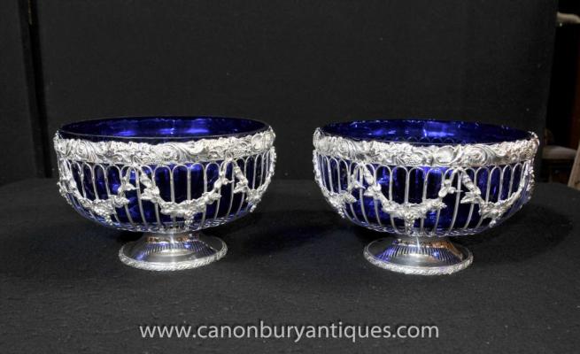 Pair Victorian Cut Glass Silver Plate Bowls Tureens Urns Planters