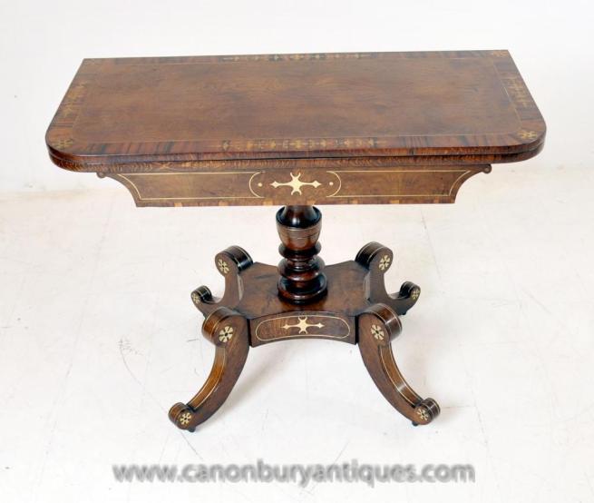 Antique Regency Games Table Walnut Side Tables Brass Inlay