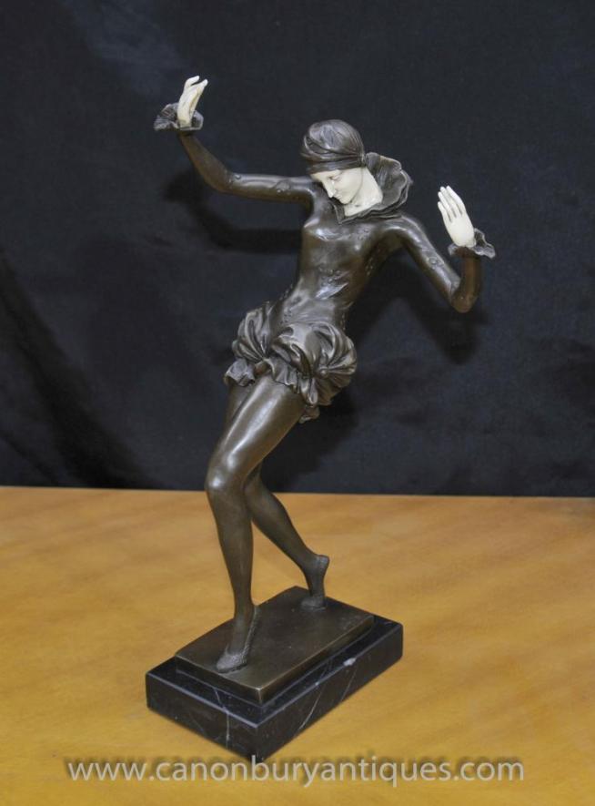 Art Deco Bronze Female Figurine Dancer Signed Nick Harlequin Dancer