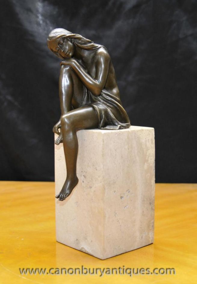 Art Deco Bronze Female Figurine on Marble Plinth Signed Milo
