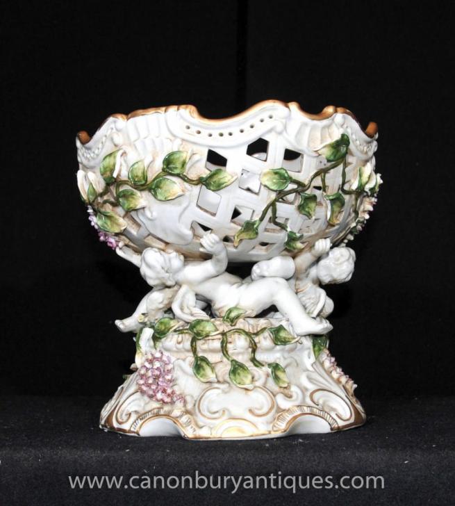 Dresden Porcelain Cherub Floral Bowl Comport Dish Tureen Encrusted