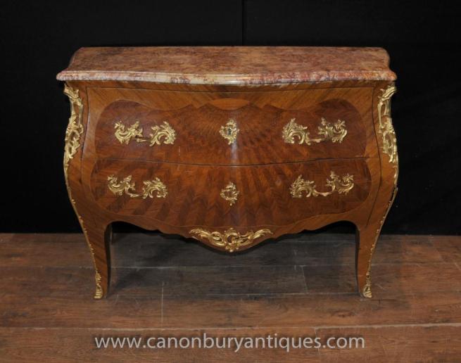 French Antique Parquetry Bombe Commode Chest of Drawers Empire Cabinet