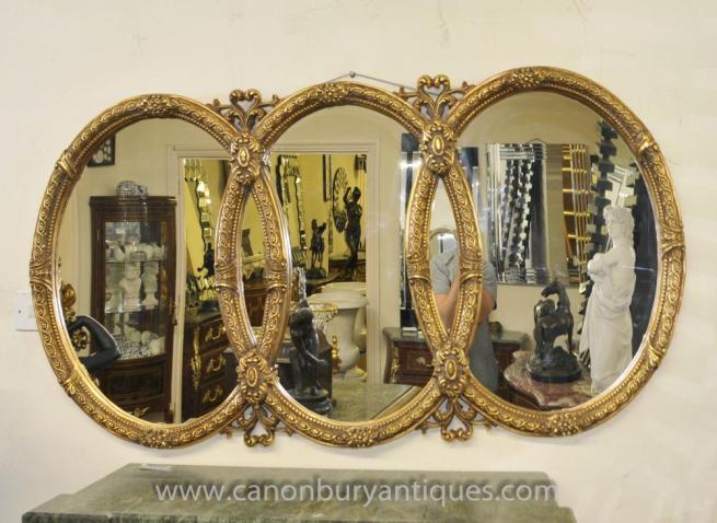 French Louis XVI Triple Oval Gilt Mirror Glass Mirrors