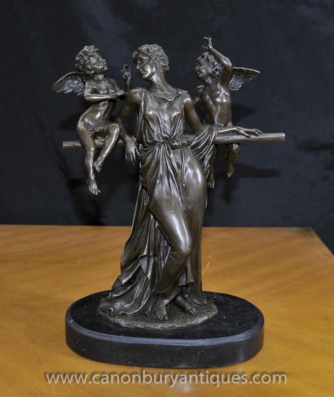 Italian Bronze Maiden and Cherubs Statue Classical Figurine Signed