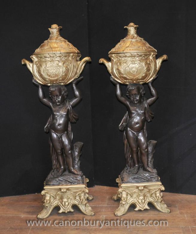 Pair Antique French Bronze Cherub Stands Planters Jardineres Pot Putti Statues