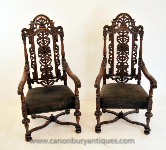 Pair Antique Oak Jacobean Hand Carved Arm Chairs
