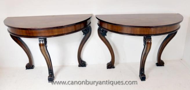Pair Antique Regency Console Tables Demi Lune Table Mahogany