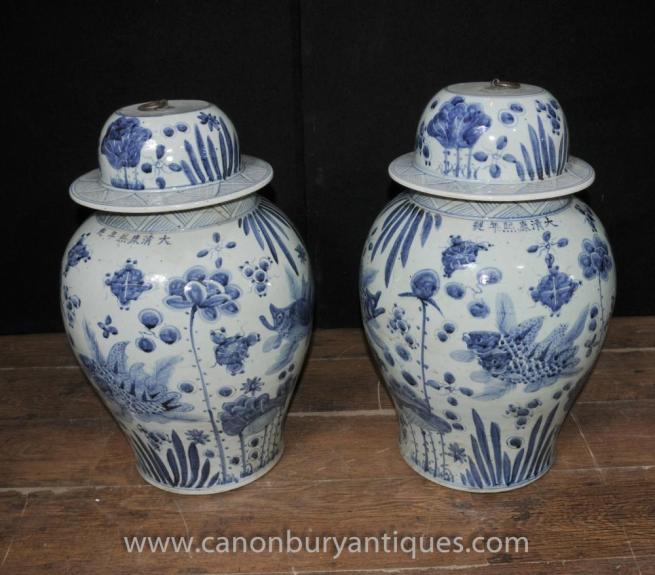 Pair Chinese Kangxi Porcelain Blue White Ginger Urns Vases