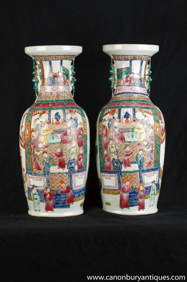 Pair Chinese Qing Porcelain Temple Vases Urns Ceramic