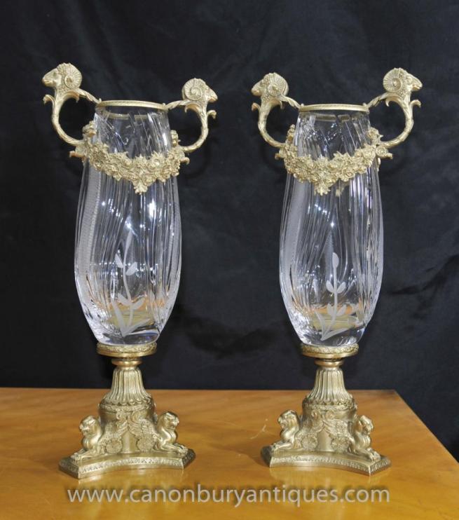 Pair French Empire Cut Glass Vases Urns Ormolu Fixtures
