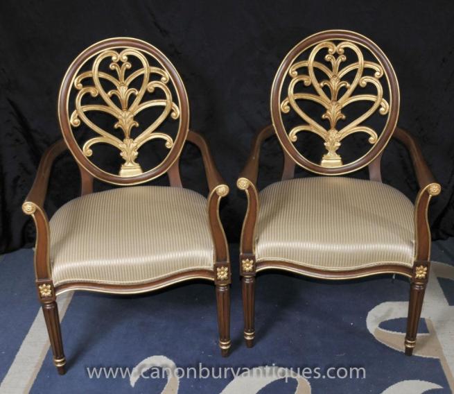 Pair French Empire Gilt Arm Chairs Fauteils Accent Piece