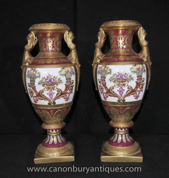 Pair French Sevres Porcelain Amphora Vases Urns Winged Maiden