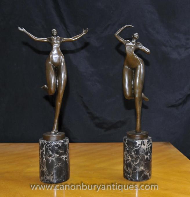 Pair Modernist Bronze Figurines Signed Juno Abstract Art