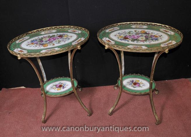 Pair Sevres Porcelain Ormolu Side Cocktail Tables Floral Tops