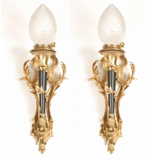 Pair Victorian Ormolu Torch Sconces