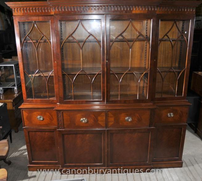 Victorian Breakfront Bookcase with Secretaire Desk Mahogany Bookcases