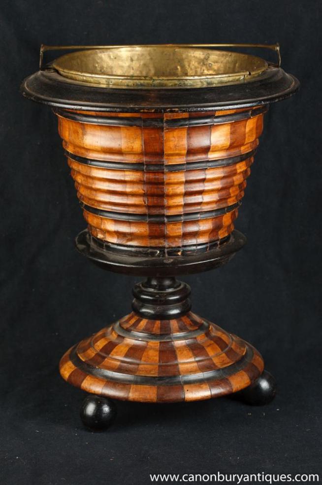 Victorian Ice Bucket Planter Pot Walnut Brass Inner Peat