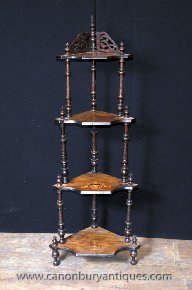 Victorian Walnut Corner Shelf Unit Bookcase Inlay