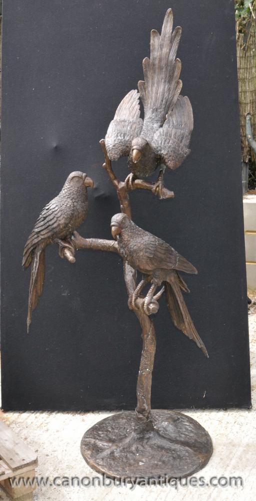 XL Bronze Parrot Bird Statue Perched Branch Tropical Birds Garden Art