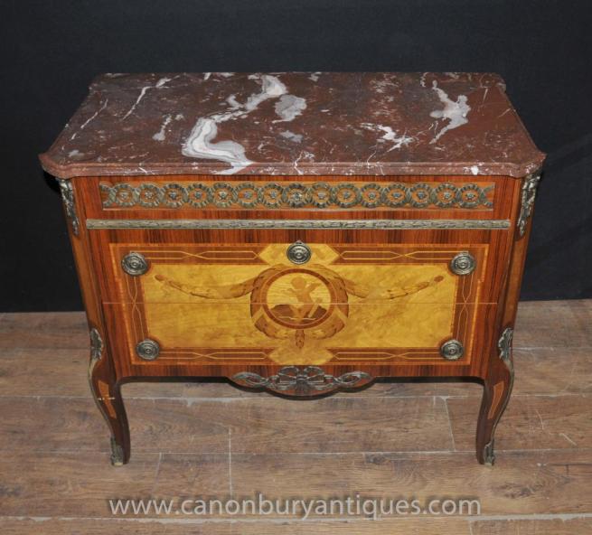 French Empire Antique Commode Chest Drawers Cherub Marquetry Inlay