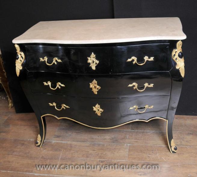 French Empire Black Lacquer Bombe Commode Chest of Drawers