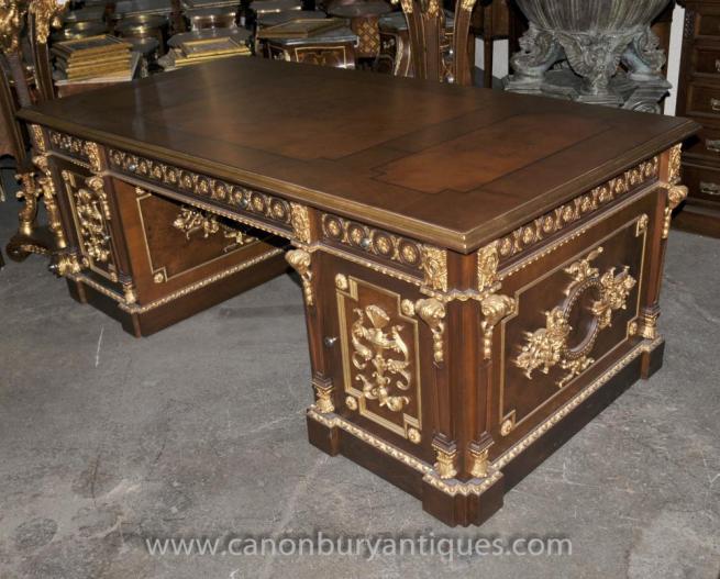 Ornate French Empire Partners Desk Kingwood and Gilt
