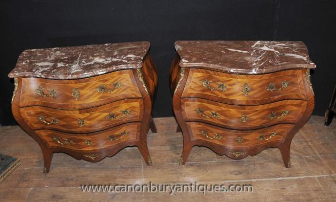 Pair Antique French Napoleon Bombe Commodes Chests of Drawers