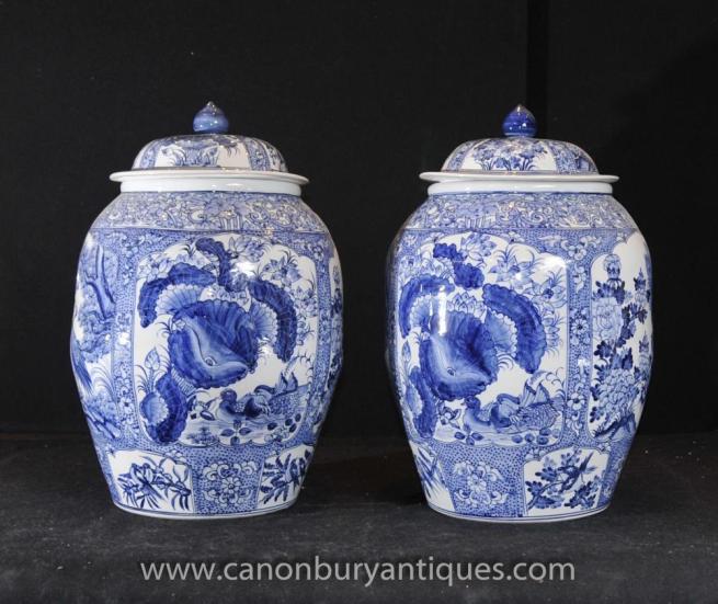 Pair Chinese Ming Blue and White Porcelain Temple Jars Lidded Urns