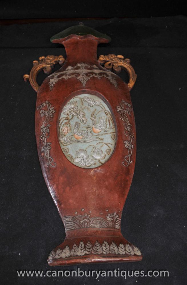 Pair Chinese Wooden Hand Carved Urn Plaques