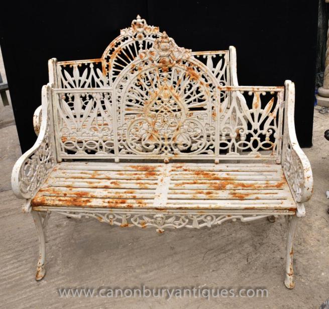Pair English Victorian Cast Iron Garden Benches Seat