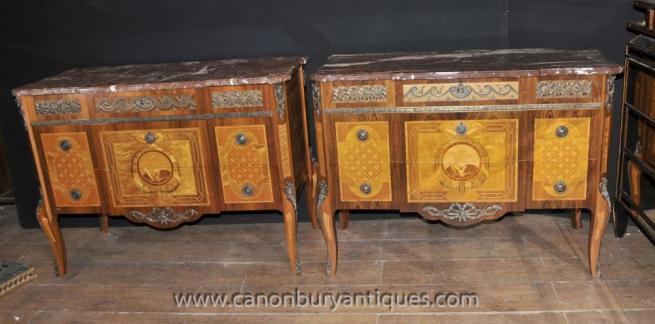 Pair French Antique Louis Philippe Commodes Chests Drawers Empire Inlay Furniture