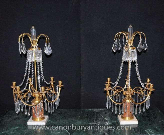 Pair French Empire Chandelier Candelabras Ormolu Marble Glass
