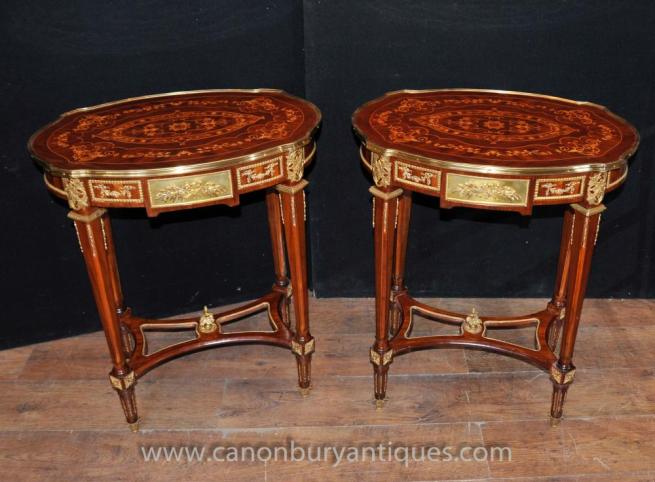 Pair French Empire Oval Side Tables Marquetry Inlay