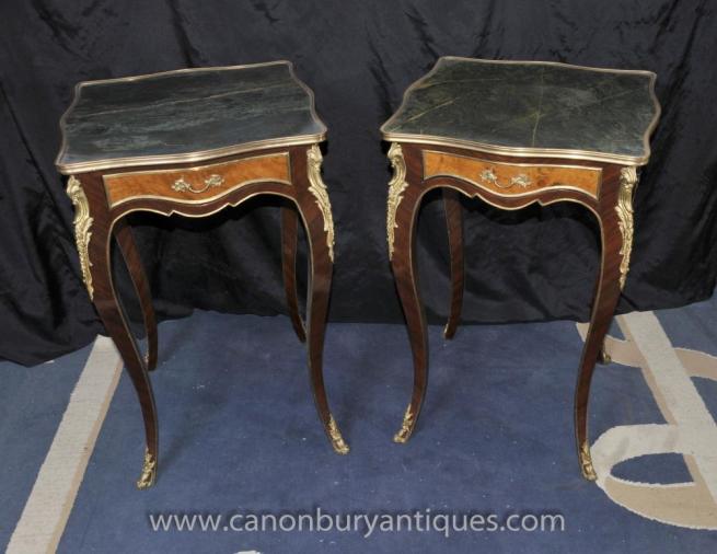 Pair French Empire Side Cocktail Tables with Marble Tops
