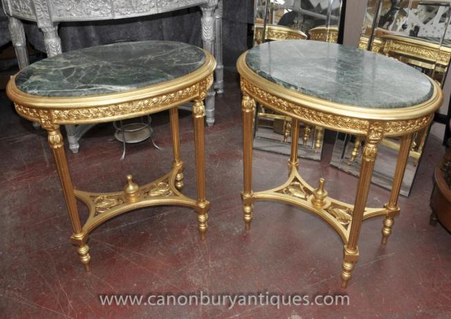 Pair French Louis XVI Gilt Oval Side Tables Cocktail Table