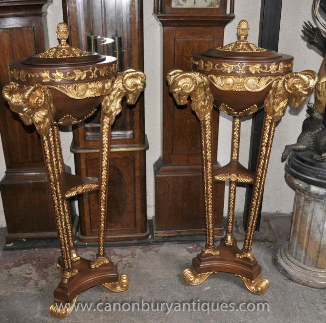 Pair Louis XVI Gilt Jardinieres Planters Pedestal Stands Lidded Pots