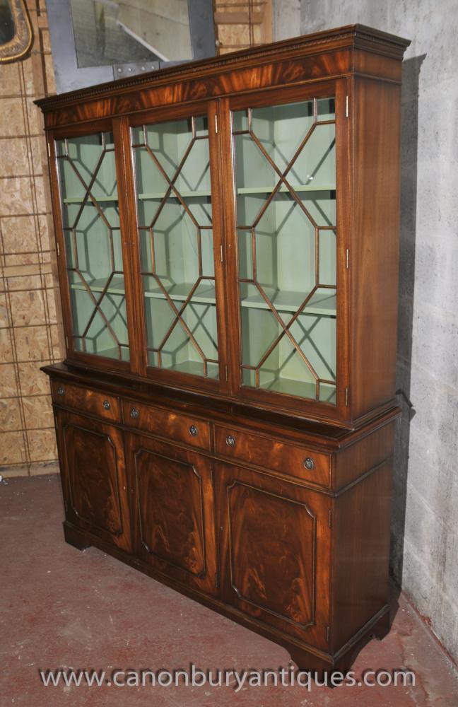 Regency Breakfront Library Bookcase Cabinet Mahogany Display