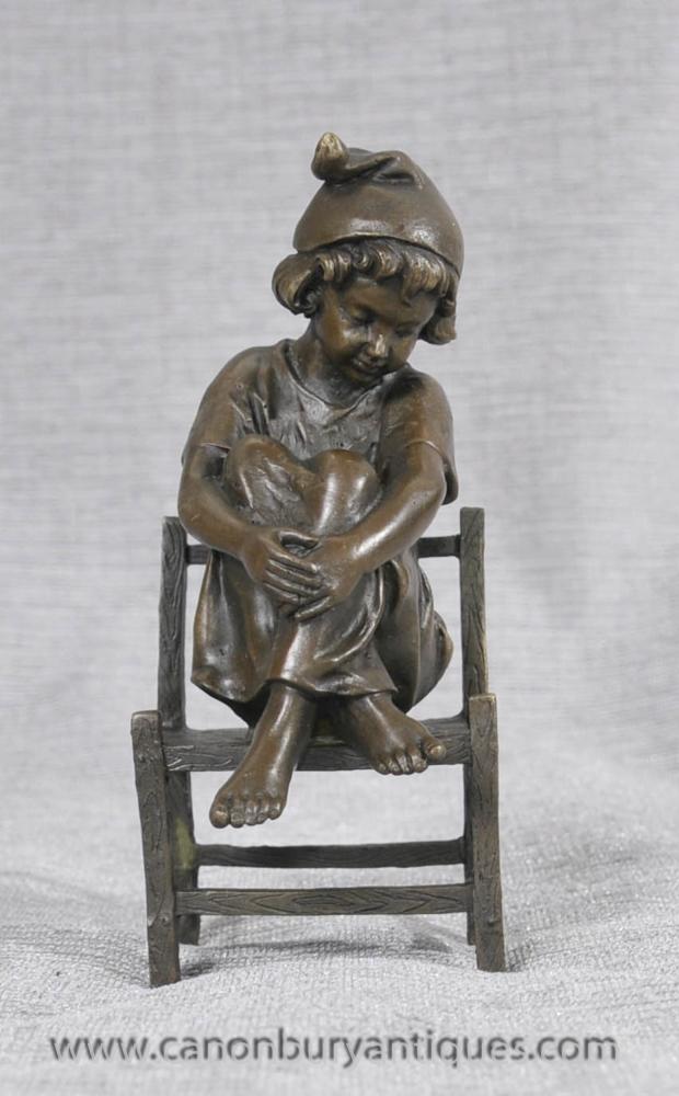 Small French Bronze Child Sitting on Stool