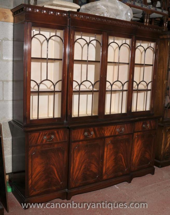 Victorian Gothic Breakfront Bookcase Flame Mahogany Bookcases Cabinet
